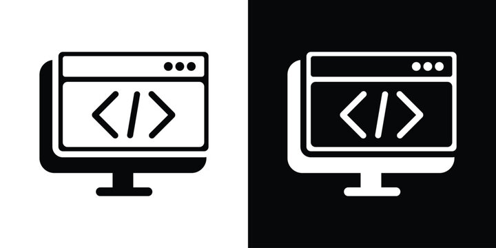 Laptop displaying a web browser window icon with coding symbols inside. Symbolizes web development, software engineering, frontend programming, UI design, and internet technologies.