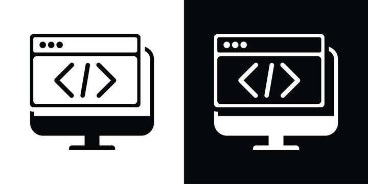 Laptop displaying a web browser window icon with coding symbols inside. Symbolizes web development, software engineering, frontend programming, UI design, and internet technologies.