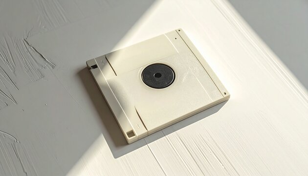 Vintage beige floppy disk on table.