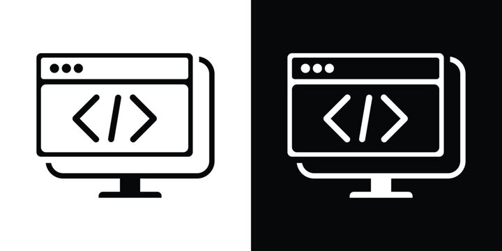 Laptop displaying a web browser window icon with coding symbols inside. Symbolizes web development, software engineering, frontend programming, UI design, and internet technologies.