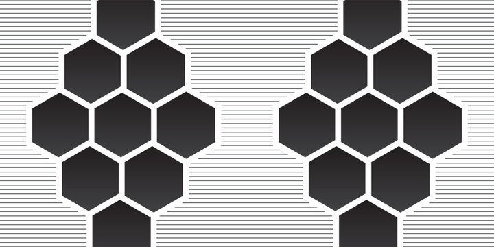 Abstract geometric pattern featuring two vertical columns of interconnected black hexagons with white outlines on a textured grey background.