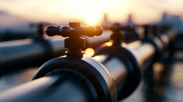 Industrial pipeline valve on metallic pipe at sunset with warm light, representing energy infrastructure, control systems and oil and gas industry concept.