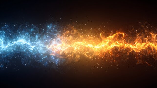 An illustration of a vertical flame-line frame effect, with blue and orange flames colliding.