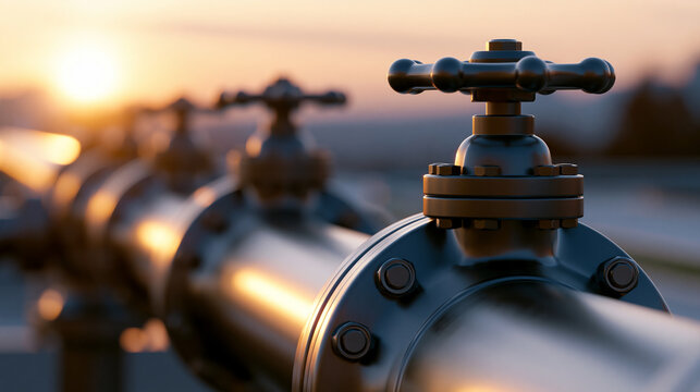 Industrial pipeline valve on metallic pipe at sunset with warm light, representing energy infrastructure, control systems and oil and gas industry concept.