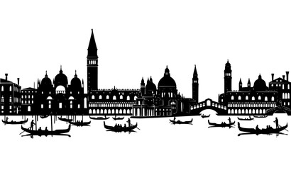 Venice city skyline vector silhouette banner with canal gondola and Italian architecture © Wahida
