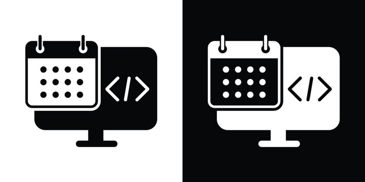 Laptop computer screen featuring code brackets alongside a calendar icon. Represents software release planning, project deadlines, hackathons, and scheduled code deployments.