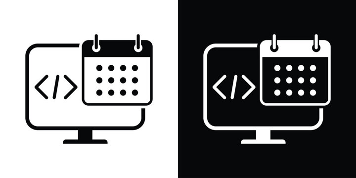 Laptop computer screen featuring code brackets alongside a calendar icon. Represents software release planning, project deadlines, hackathons, and scheduled code deployments.