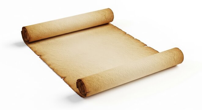 A weathered ancient paper scroll with curled edges and a textured surface, unrolled slightly and isolated on a clean white background, retro, surface, organic