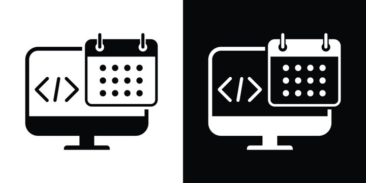 Laptop computer screen featuring code brackets alongside a calendar icon. Represents software release planning, project deadlines, hackathons, and scheduled code deployments.