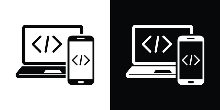 Laptop screen paired with a mobile smartphone, both displaying programming brackets. Concept of responsive web design, mobile app development, cross-platform coding, and tech devices.