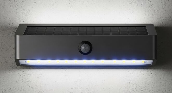 Detailed close-up of a modern waterproof outdoor solar wall lamp featuring high-intensity LED chips and an integrated PIR motion sensor, power, security, photovoltaic