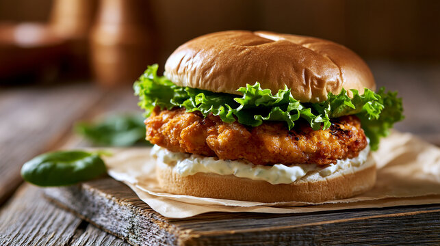 Crispy chicken burger with lettuce and sesame bun on rustic wooden board, representing fast food, gourmet sandwich and appetizing meal concept.