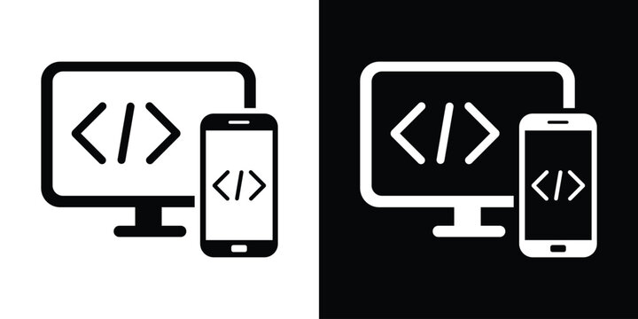 Laptop screen paired with a mobile smartphone, both displaying programming brackets. Concept of responsive web design, mobile app development, cross-platform coding, and tech devices.