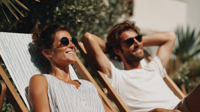 Couple deck chair outdoor relax sunglasses vacation smiling pair reclining deck chair outdoors during sunny vacation