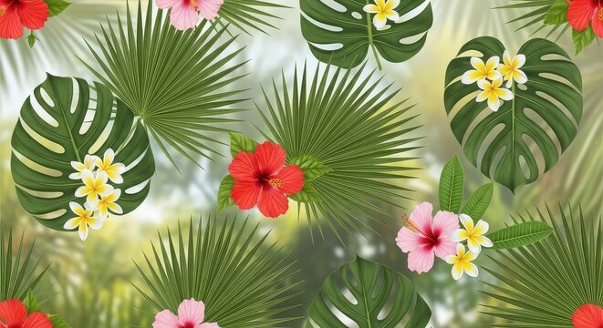 Modello senza cuciture con foglie di palma, monstera e fiori tropicali vivaci come ibisco e frangipane su uno sfondo naturale esotico, fiori, foresta, natura