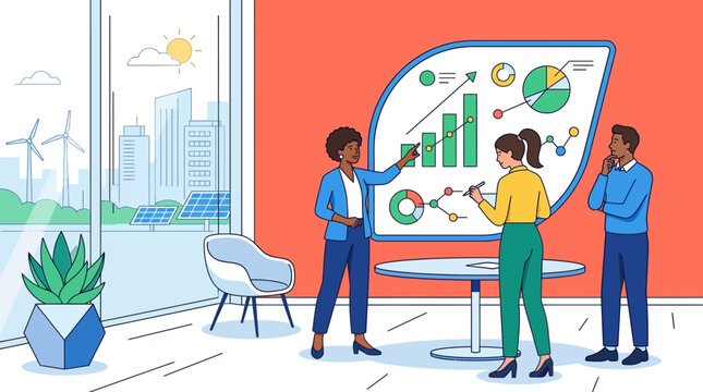 Diverse business team analyzing sustainable energy data and financial growth charts in a modern eco-friendly office illustration