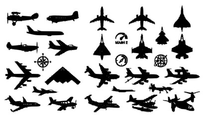Obraz premium Military and commercial airplane silhouettes vector icons set featuring jet fighter bomber cargo plane propeller aircraft and aviation elements for travel design