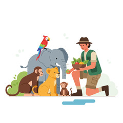 Fototapeta premium Zookeeper feeding wildlife animals in a vibrant, illustrated zoo setting