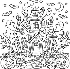 Fototapeta premium Spooky halloween haunted house with witches, ghosts, bats, and full moon in dark forest night scene