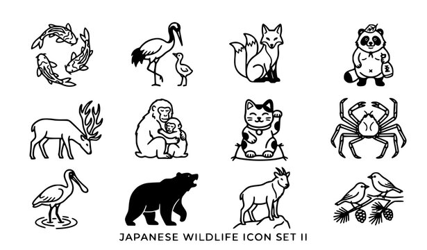 Japanese wildlife line art vector icons set including crane fox tanuki deer monkey bear and koi fish elements for minimalist asian nature design layouts