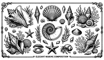 Elegant marine life collection with monochrome illustrations of seashells hermit crab and underwater sea plants for rustic nautical coastal design projects. (21 words) © Hosneara