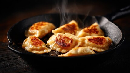 Fototapeta premium Warm, golden brown pan fried dumplings steaming in a rustic cast iron skillet, ready to eat