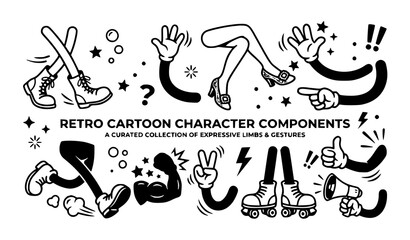 Retro cartoon character components vector set featuring vintage rubber hose style arms legs hands and feet with expressive gestures isolated on white. (23 words) © Hosneara