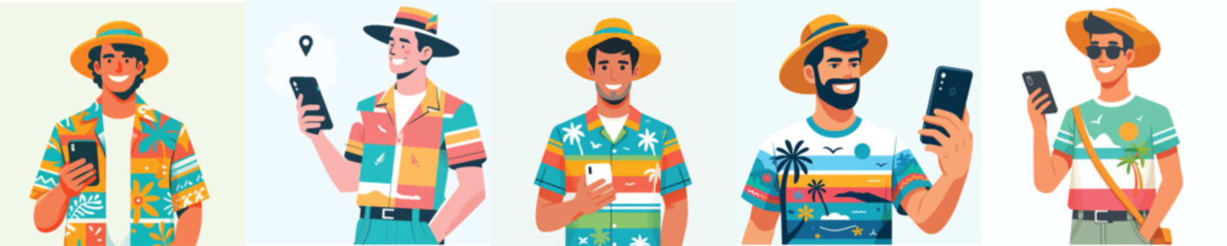 half body vector of a man playing on a cell phone on the beach