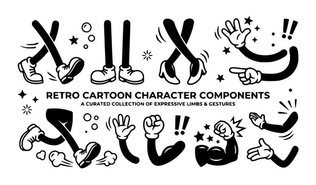 Retro cartoon character creator toolkit vector illustration with vintage rubber hose limbs gloved hands pointing gesturing running legs and boots on white.