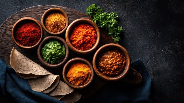 Vibrant Ethiopian spices, flavorful sauces, and traditional injera flatbread on a rustic board.