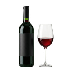 Blank red wine bottle mockup with full glass next to it