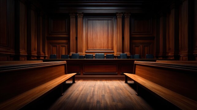 Grand empty courtroom with rich dark wood and imposing architecture, symbolizing justice and law