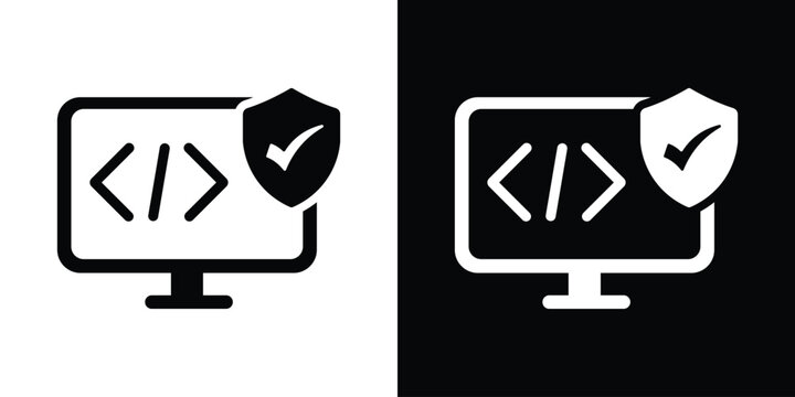 Laptop computer screen showing code brackets protected by a shield icon with a checkmark. Represents cyber security, safe coding practices, data protection, and secure software.