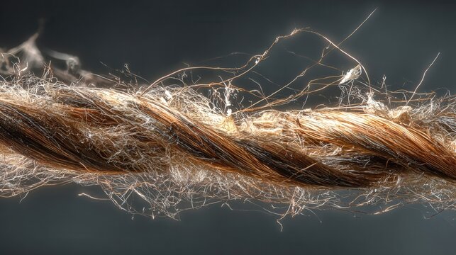 Closeup of tensile spider fiber. Laboratory analysis reveals durability and strain in spider silk. Microscopic examination highlights wear patterns and stress resistance of synthetic silk fibers