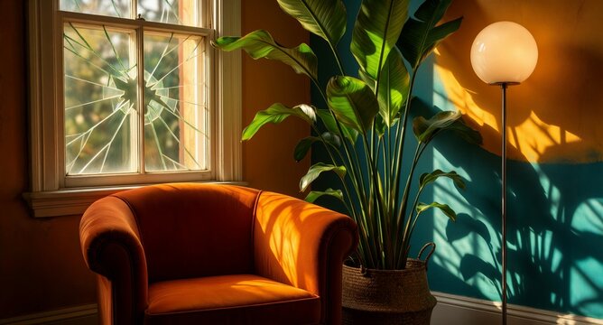 Cozy orange armchair beside a shattered window, lush green plant, and warm floor lamp casting dramatic shadows in a vibrant, sunlit room.