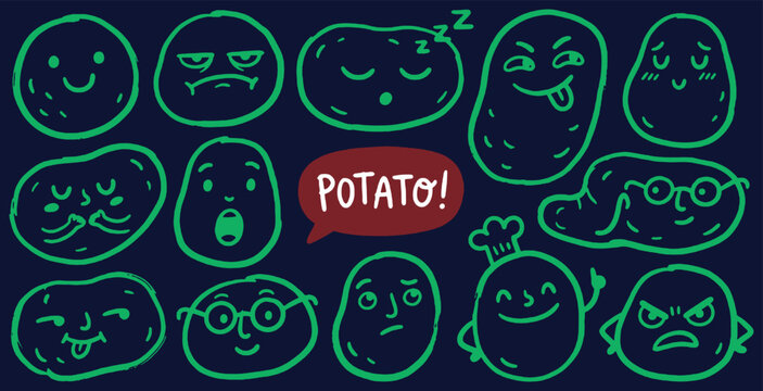 Collection of cute potato characters with various facial expressions and emotions, hand-drawn style.