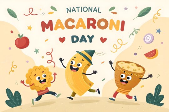 National macaroni day celebration poster featuring cheerful cartoon pasta characters dancing and celebrating with festive confetti on a light cream background