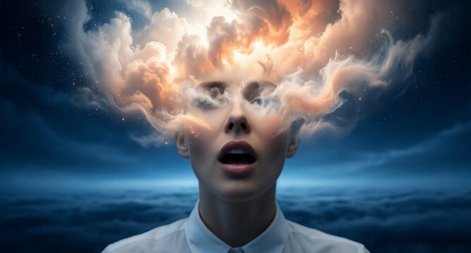 Mindful Awakening: A woman's face emerges from swirling cosmic clouds against a deep blue sky, symbolizing inner transformation and spiritual revelation.