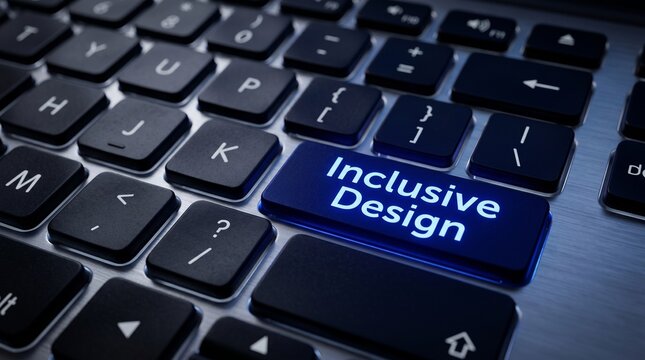 Close-up view of a computer keyboard with a blue key highlighting 'Inclusive Design' text, emphasizing accessibility in technology.