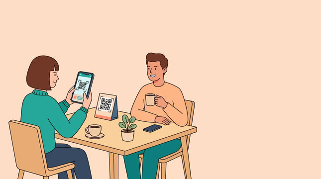 Woman Scanning QR Code with Smartphone at Cafe Table with Friend, Contactless Menu and Digital Payment Concept in Flat Illustration Style