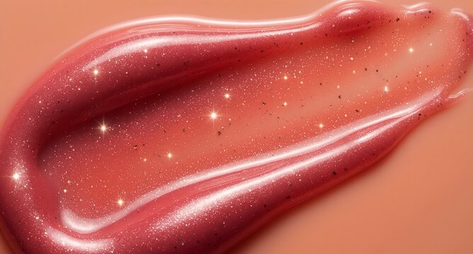 Glossy pink glittery lip gloss swipe on peach background for beauty and cosmetics stock imagery