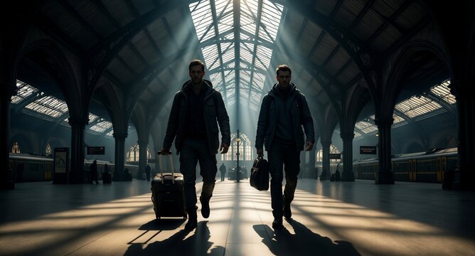 Two men with luggage walk through a grand, sunlit train station with arched ceilings and dramatic light beams.