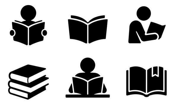 A set of black and white icons depicting people reading books and stacks of books on transparent background