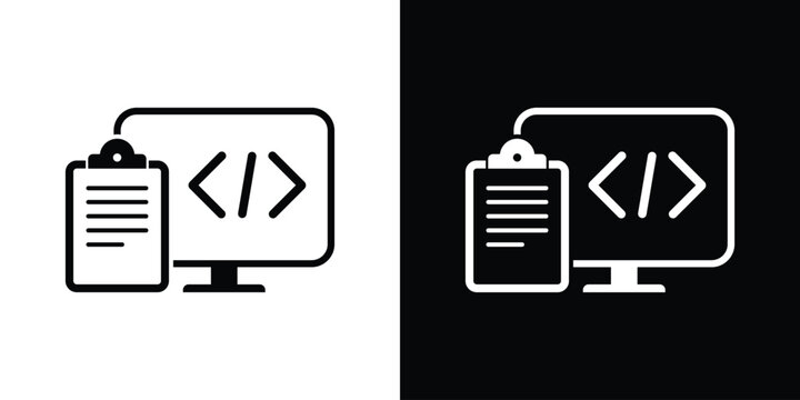 Laptop screen with programming code brackets and a clipboard checklist icon. Concept of software development project management, coding tasks, testing, and technical documentation.