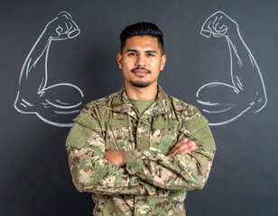 Obraz premium Soldat steht vor einer Tafel mit Muskel Armen