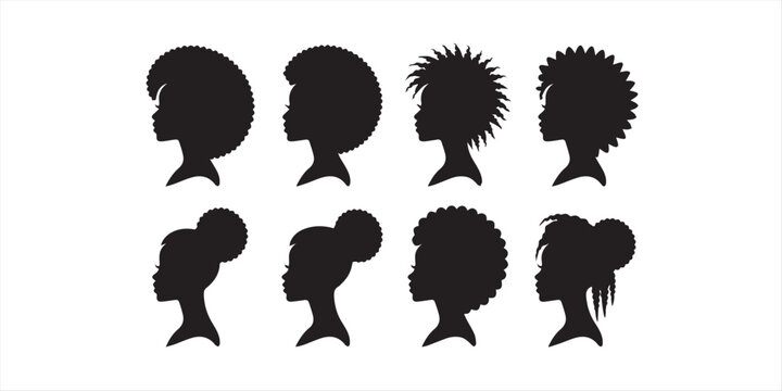 Black woman silhouette head profiles, set of African American female hairstyles, curly afro and braided hair vector icons for beauty branding,silhouette
