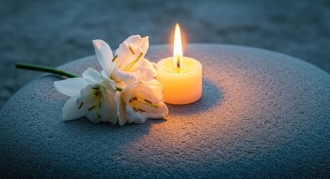 Vela acesa iluminando flores brancas sobre pedra fria em momento de sil&ecirc;ncio e mem&oacute;ria, celebrando a vida de quem partiu com serenidade, l&aacute;pide, chama, vela