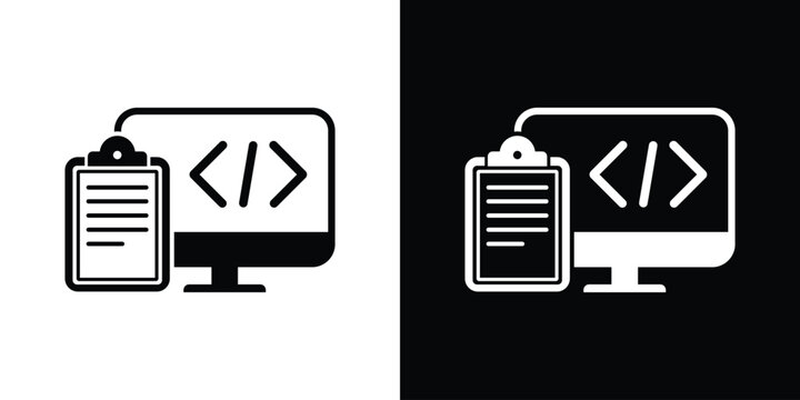 Laptop screen with programming code brackets and a clipboard checklist icon. Concept of software development project management, coding tasks, testing, and technical documentation.