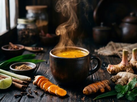 Traditional Indonesian Jamu Herbal Drink Turmeric Ginger Natural Wellness Flat Lay