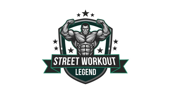 A muscular man flexes his muscles in a street workout scene with a shield and banner.